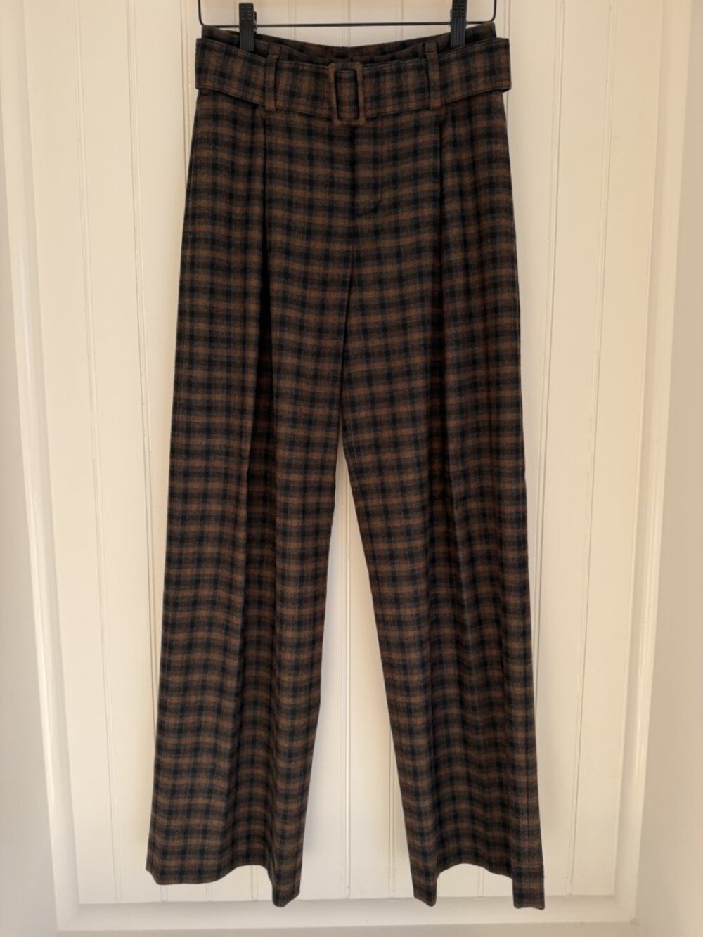 Vince Belted Plaid Wide Leg Trousers High Waist Brown Wool Blend — Sz 0